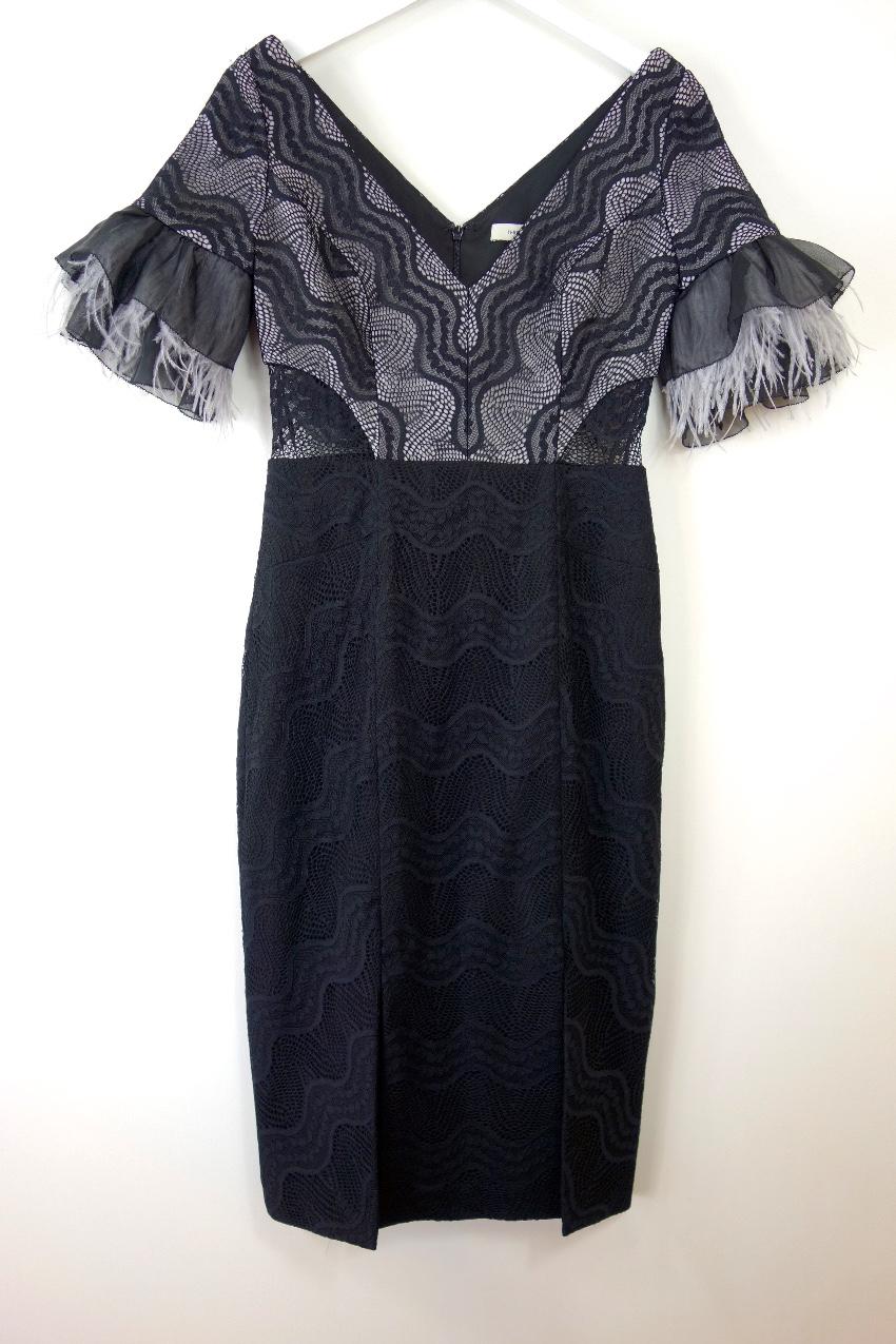 Three Floor Feather Trimmed Stretch Fitted Dress