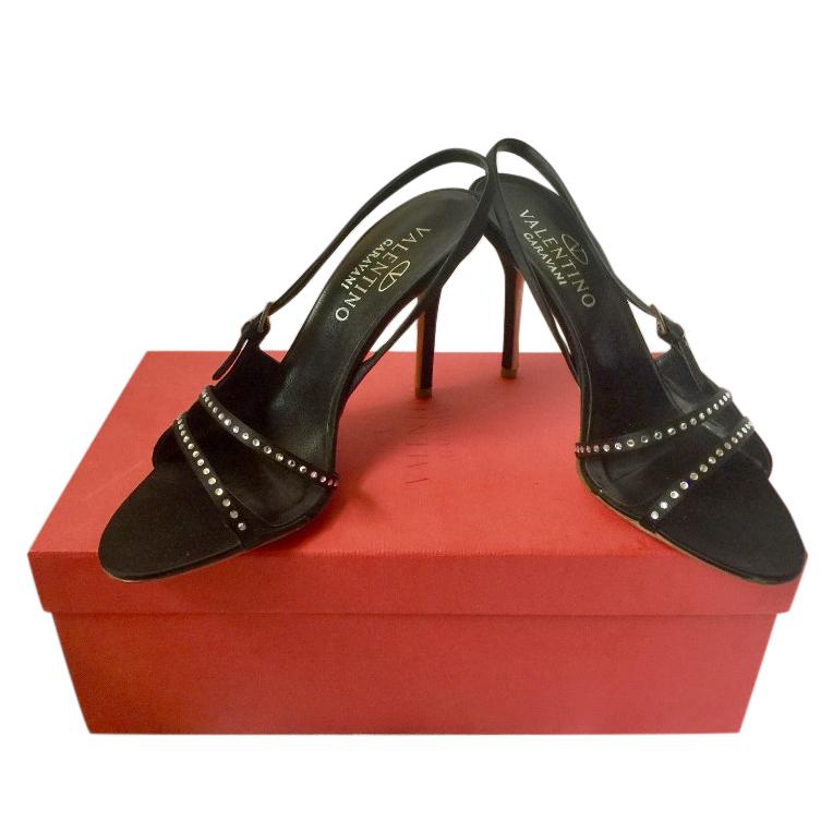 Valentino Garavani black satin crystal embellished heeled sandals