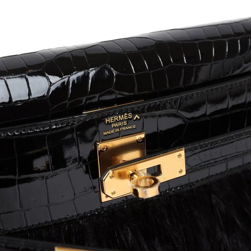Hermès Kelly Elan Folie Black Crocodile Porosus Lisse Noir / Ostrich Feather And Gold Hardware