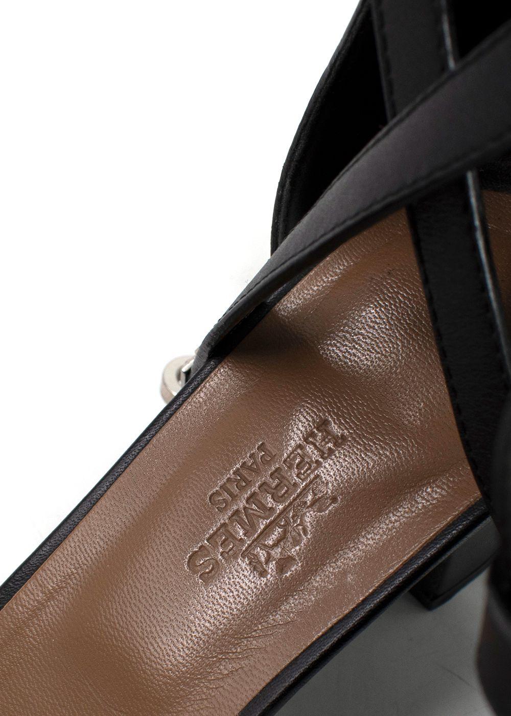 Hermes Black Leather Manege Sandals