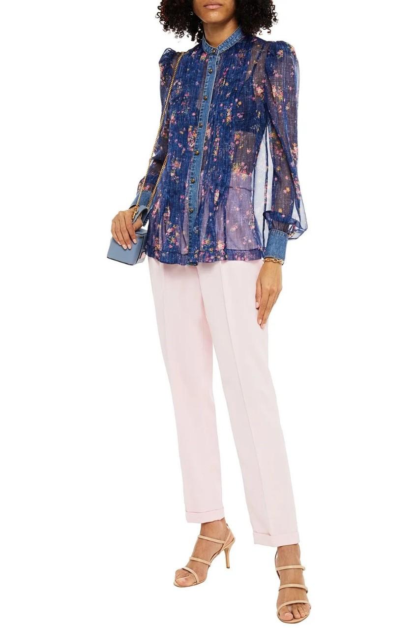 Philosophy Di Lorenzo Serafini Denim Trimmed Floral Chiffon Blouse