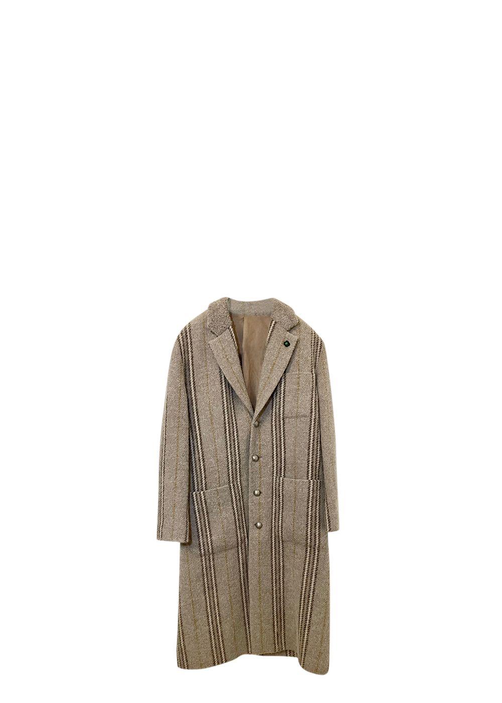 Beige Striped Wool Long Coat