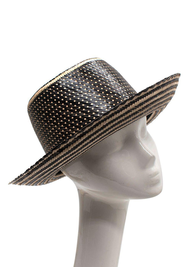 Yosuzi Striped Pom Pom Straw Fedora Hat