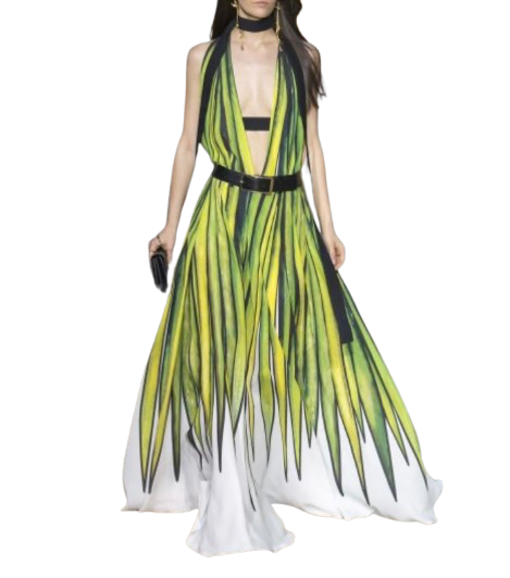 RUNWAY Elie Saab Green Patterned Deep Plunge Gown