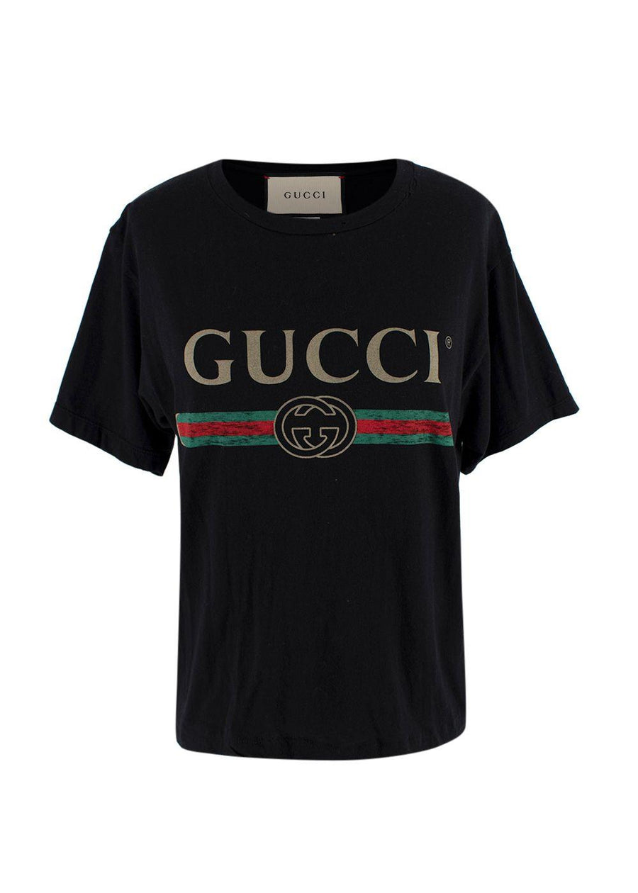 Gucci Black Washed Logo Distressed T-Shirt