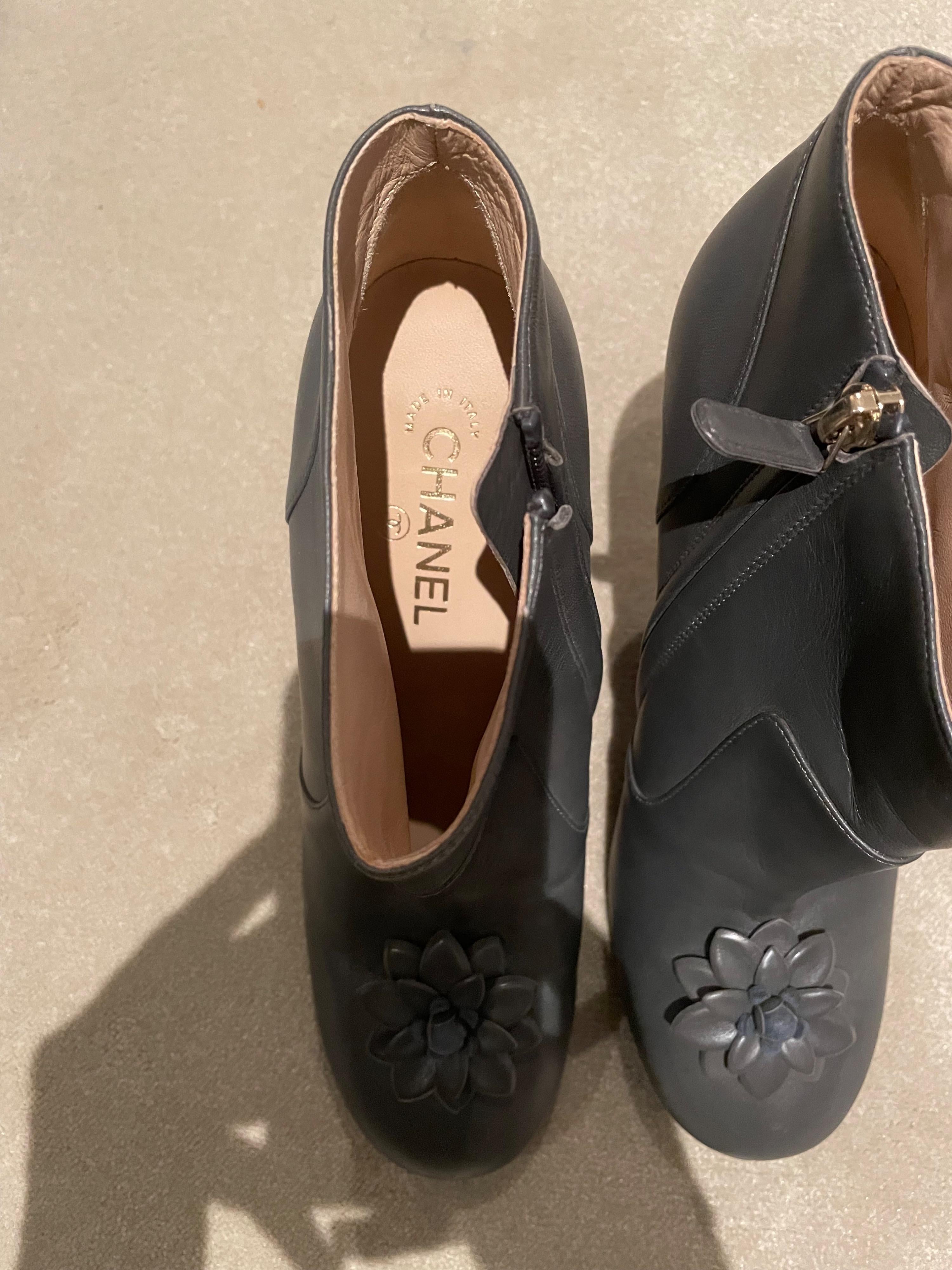 Chanel Grey Ankle Boots with Floral Applique Detail