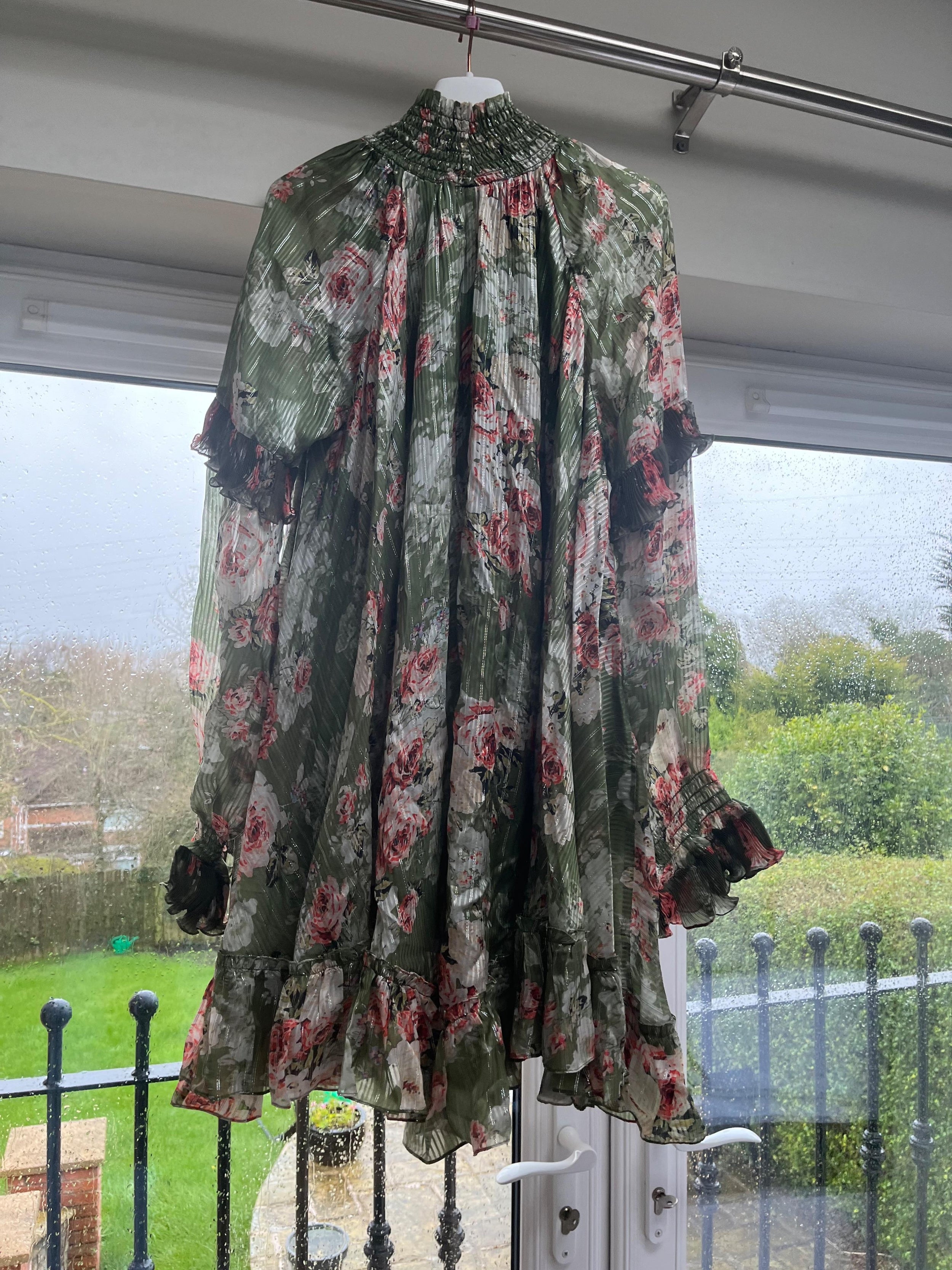 Green Plisse Floral Printed Dress