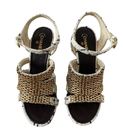 Chanel Tweed Chain Embellished Heeled Sandals
