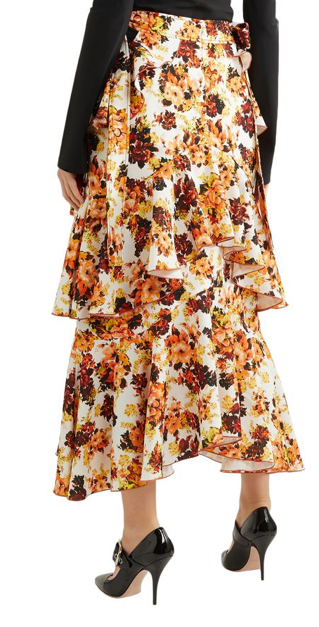 Ellery Orange Floral Print Ruffled Midi Skirt