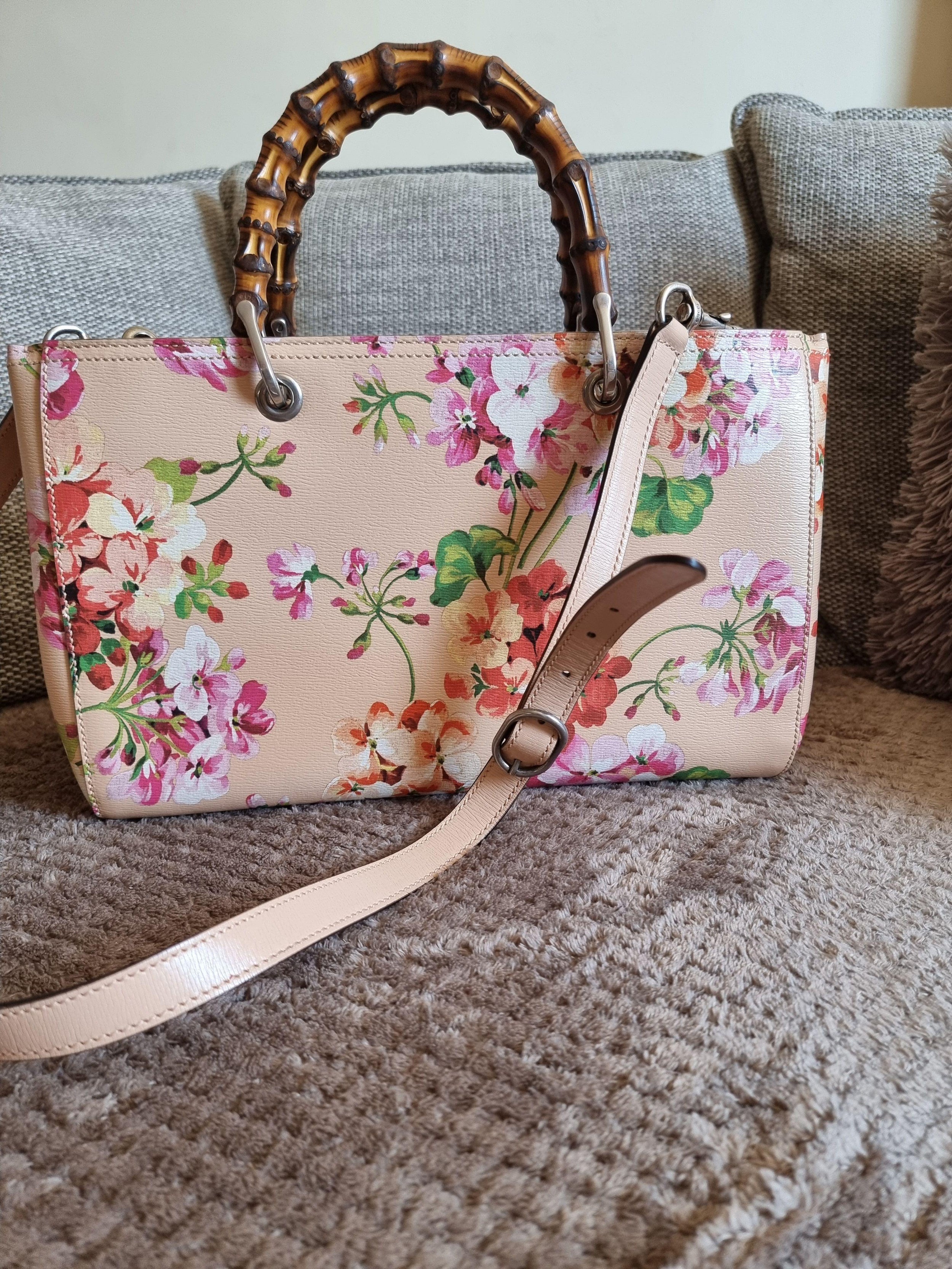 Pink Blooms printed leather Bamboo Shopper bag