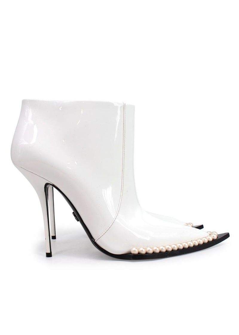 Dolce & Gabbana White Pearl Studded Cowboy Ankle Boots