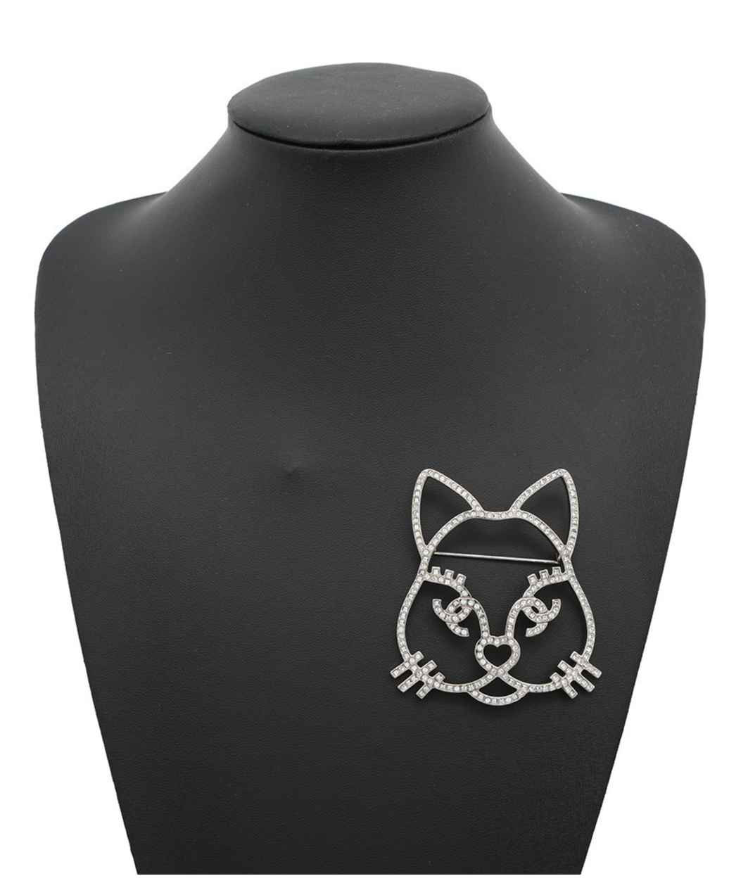 Chanel Silver Crystal Cat Brooch Pin