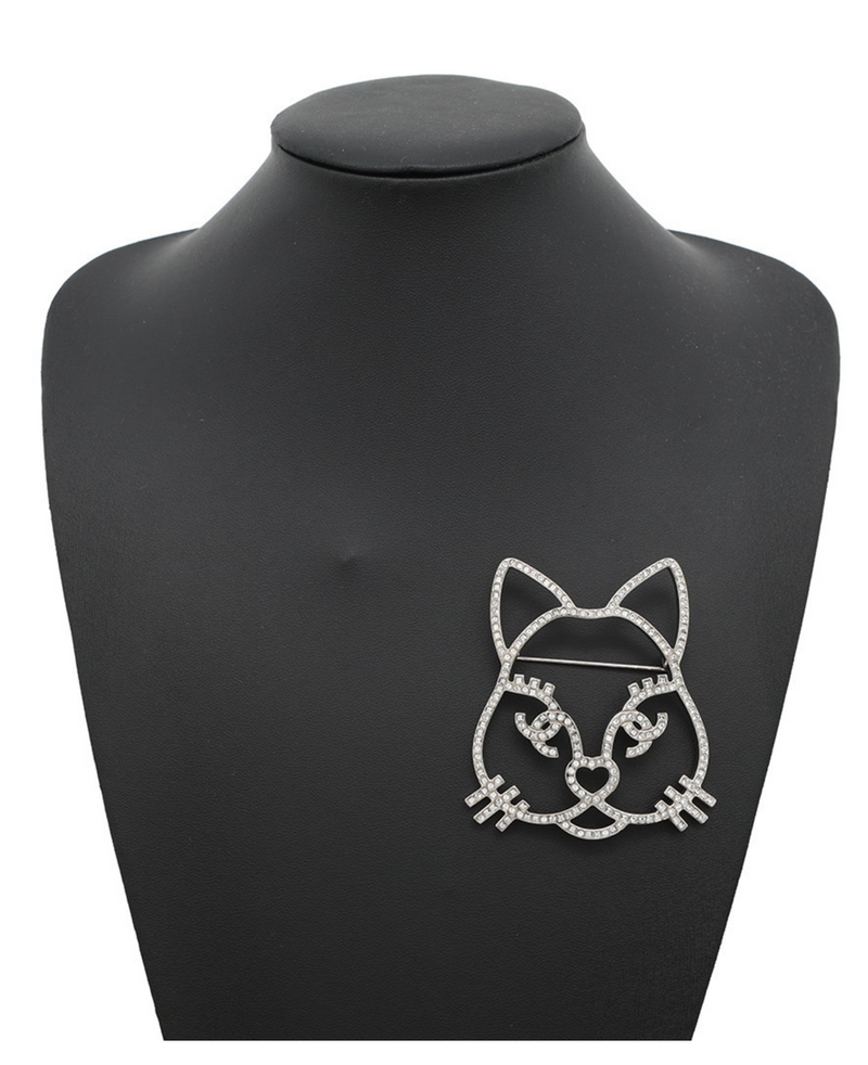 Chanel Silver Crystal Cat Brooch Pin
