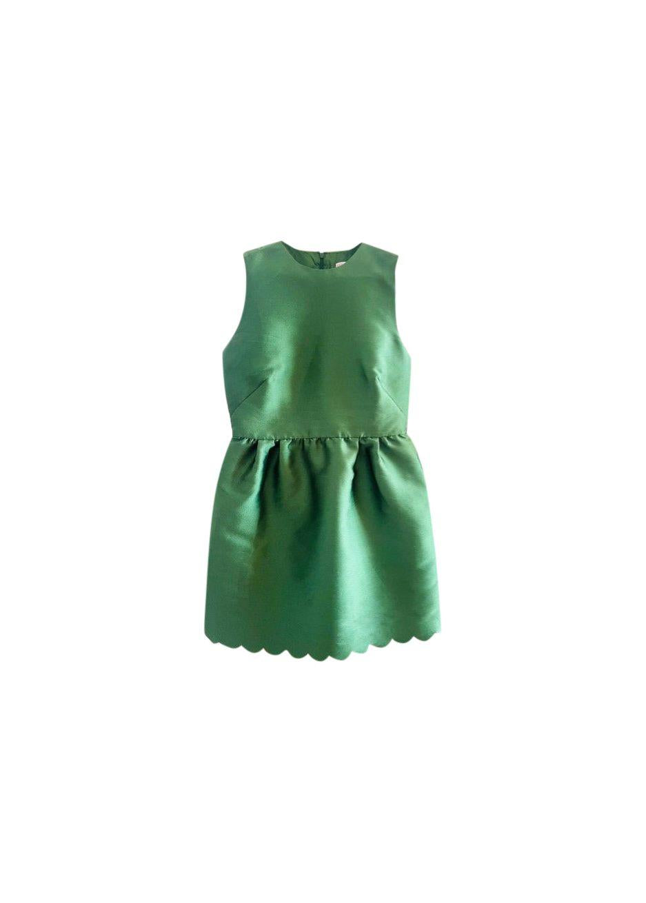 Green satin scallop hem dress