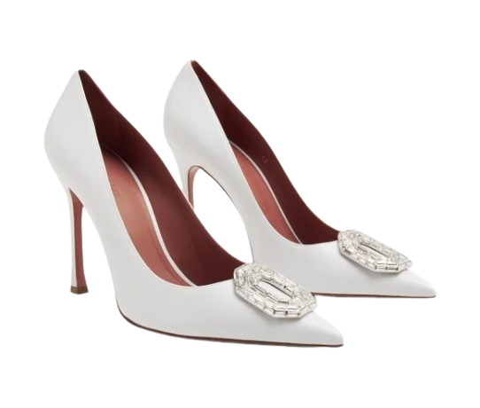 Amina Muaddi White Leather Camelia Pumps
