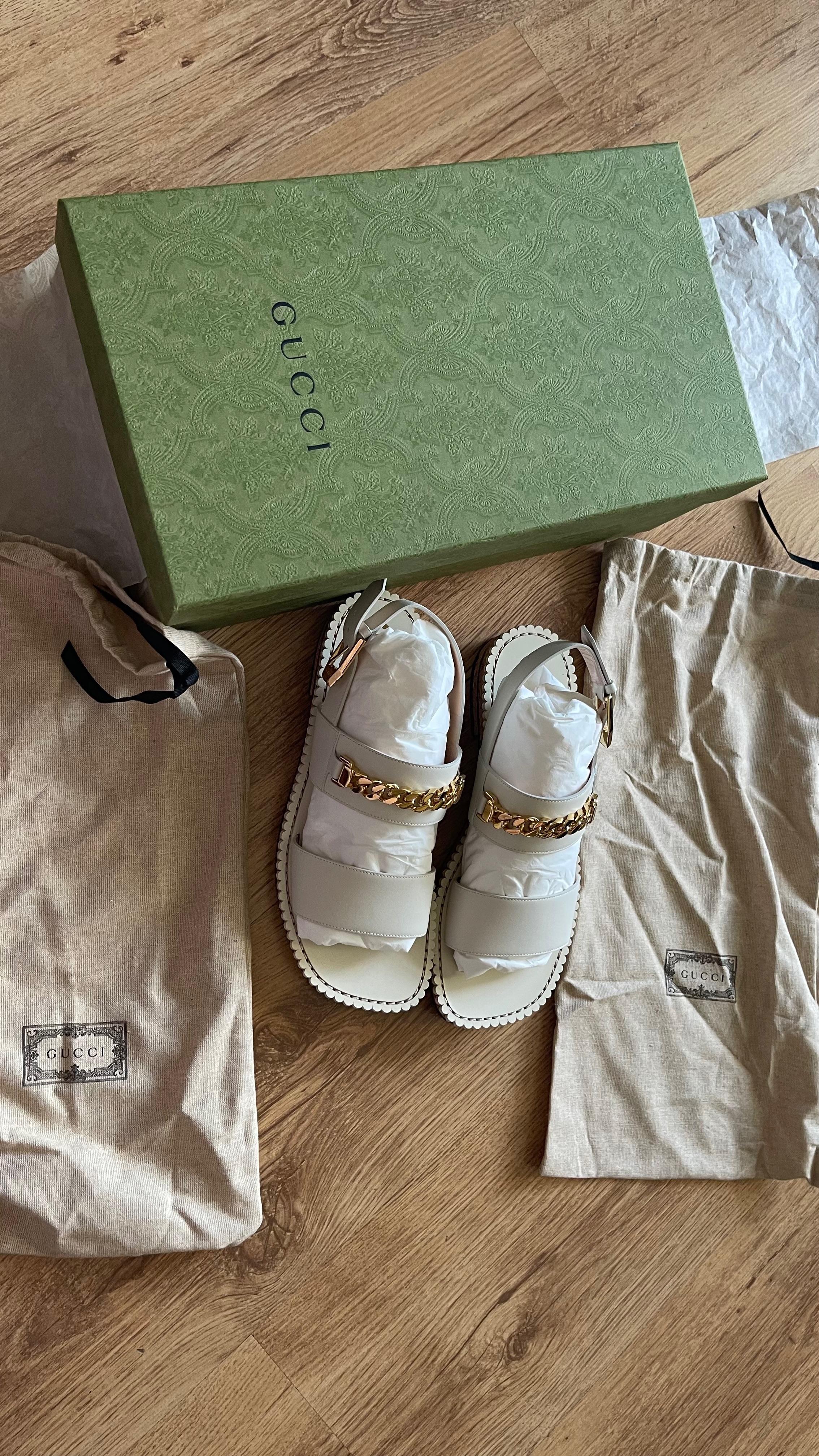 Cream leather chain embellished sandals