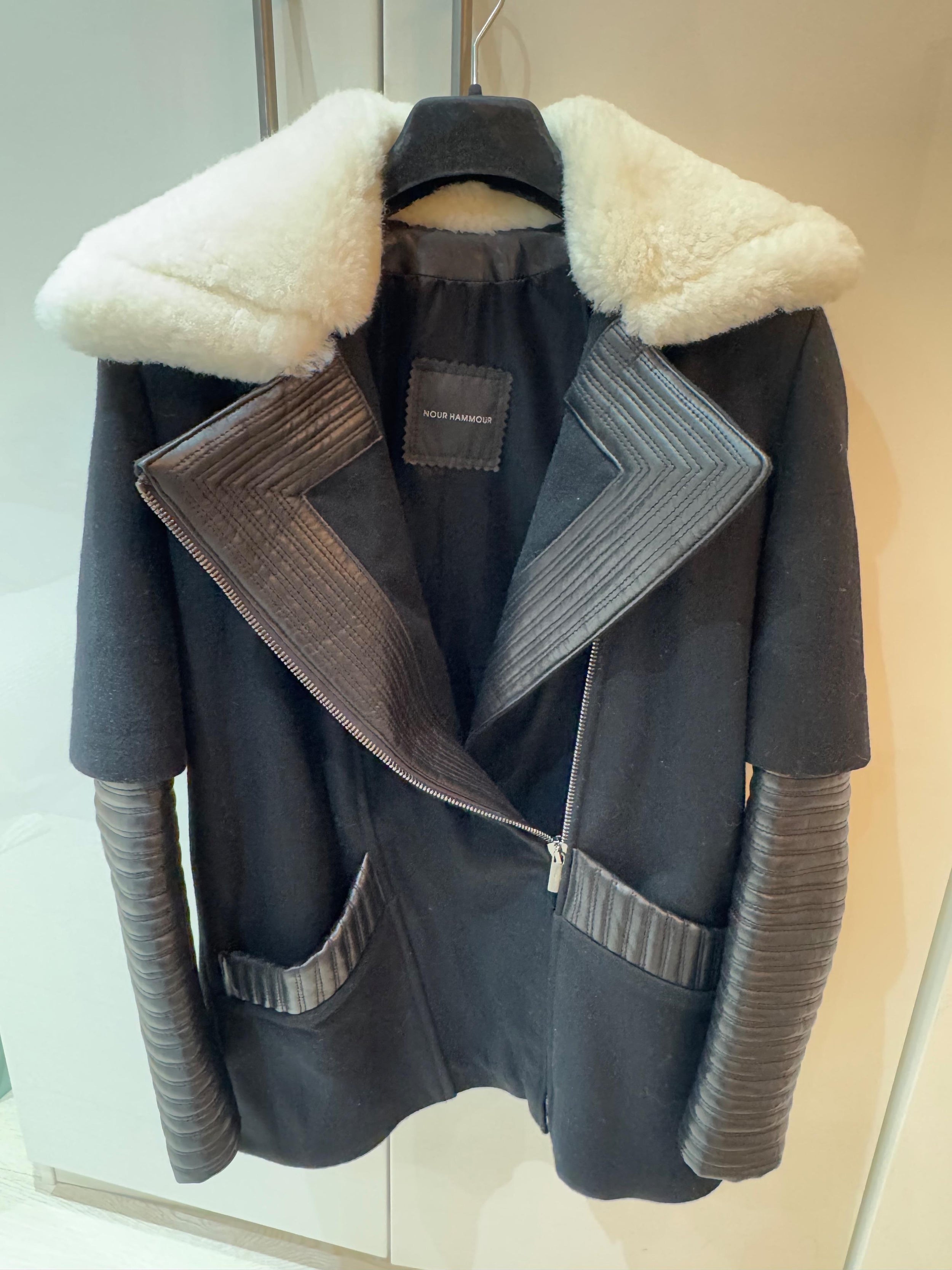 Nour Hammour Black Leather and Wool Biker Jacket