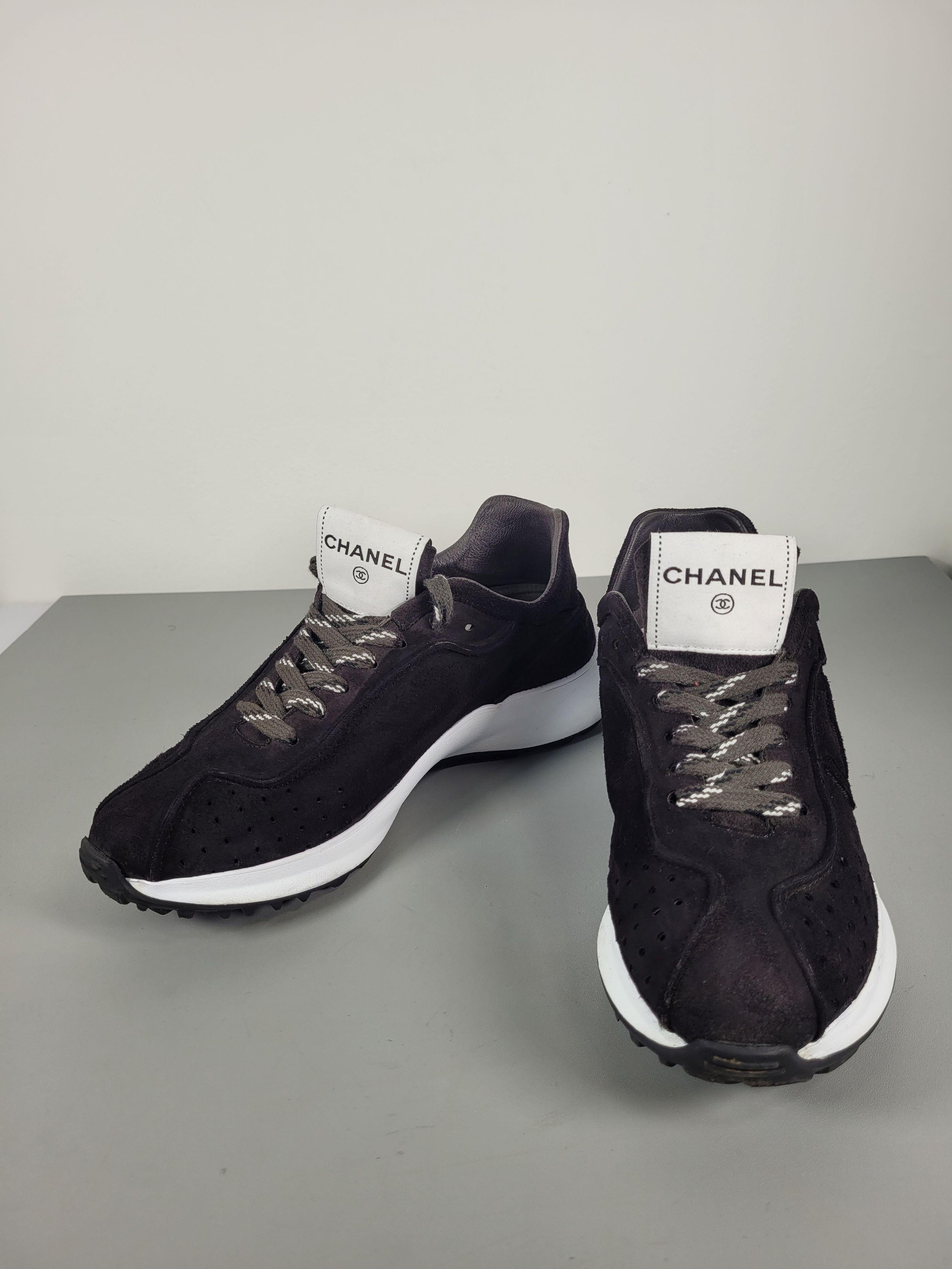 Chanel Black Suede Low Top Logo Sneakers