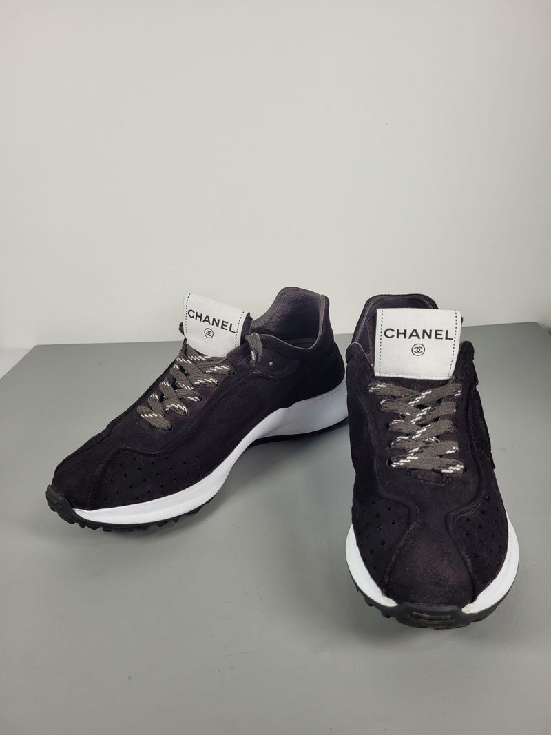 Chanel Black Suede Low Top Logo Sneakers