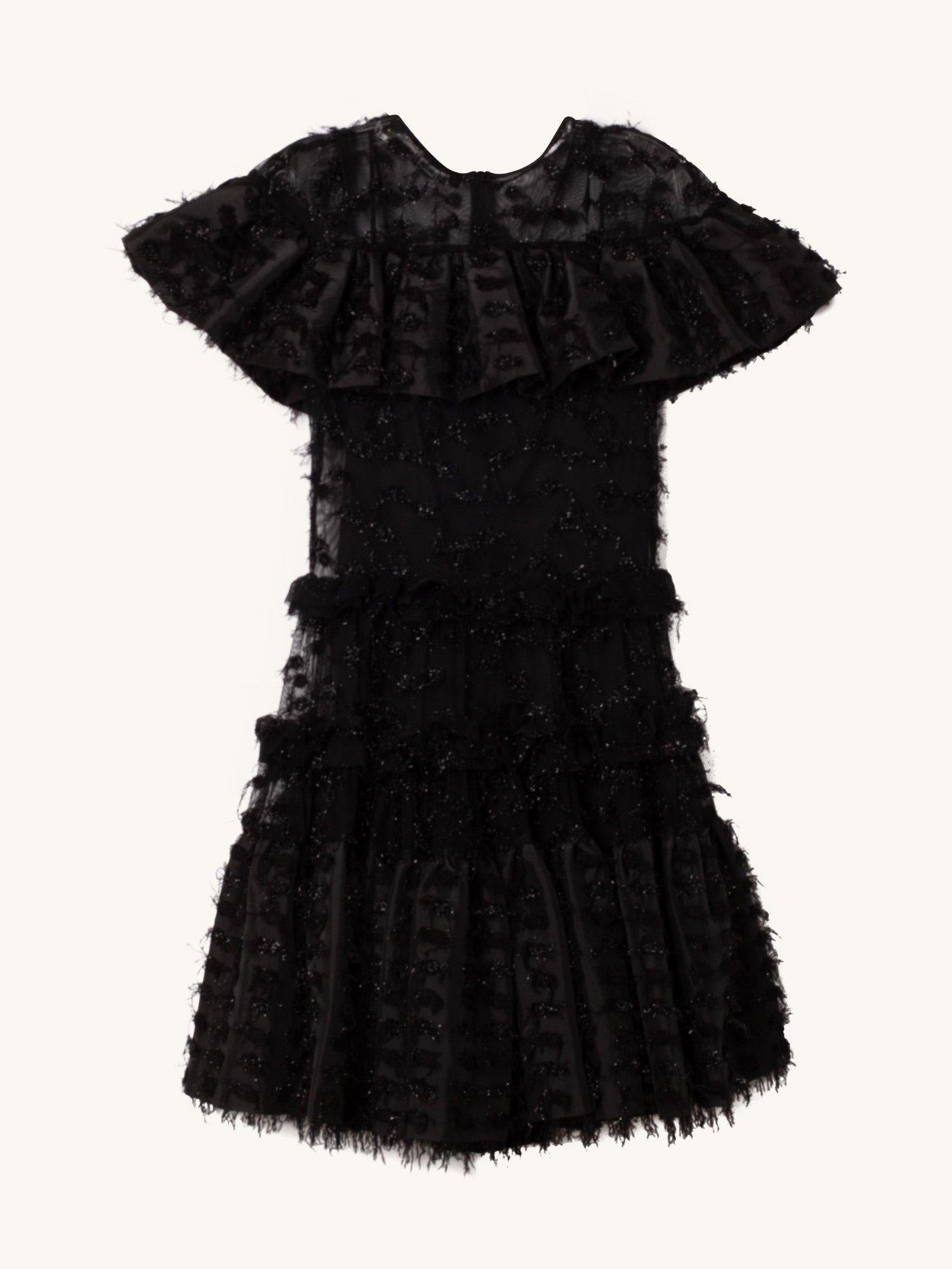 ANAIS JOURDEN black sheer shimmery ruffle tulle DRESS