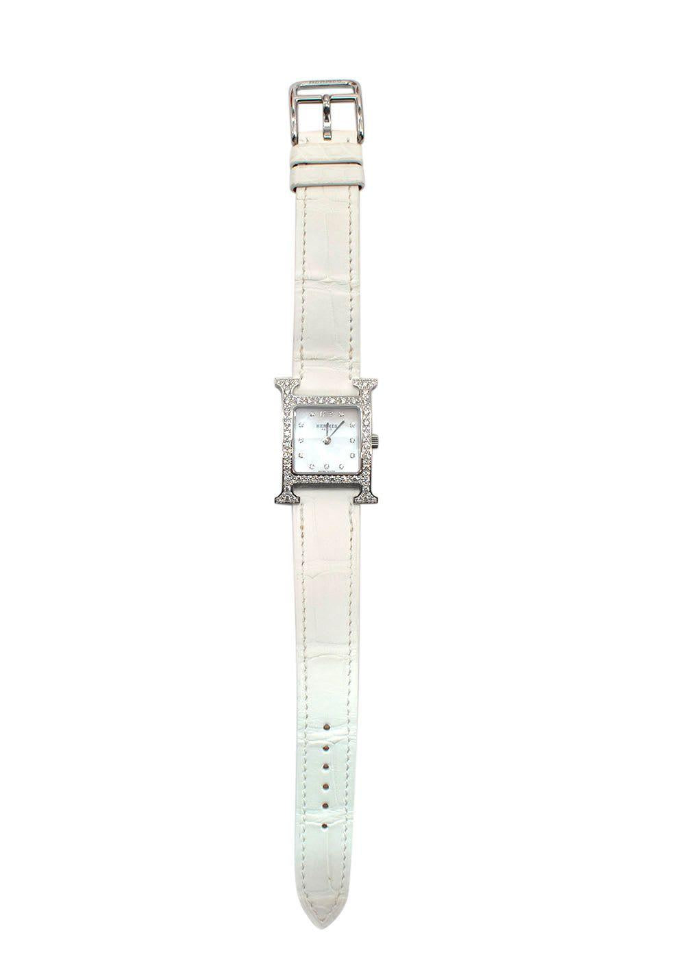 Hermès White Heure H Watch in Matte Chantilly Alligator with Diamonds