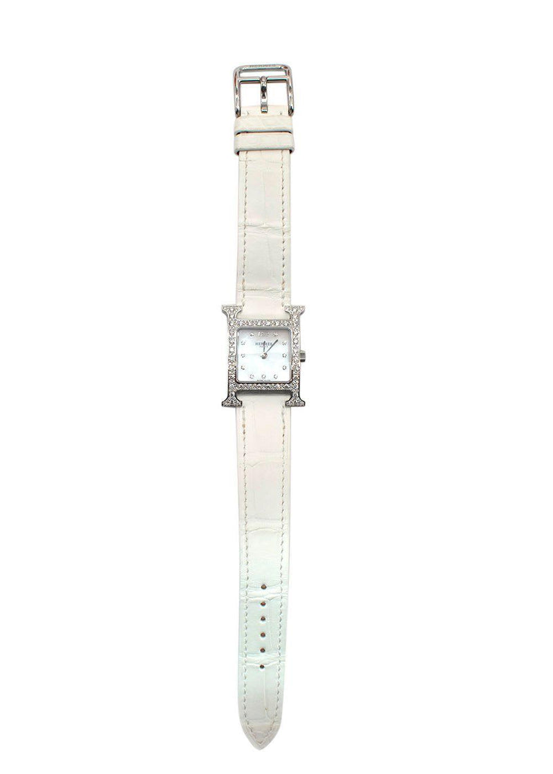 Hermès White Heure H Watch in Matte Chantilly Alligator with Diamonds