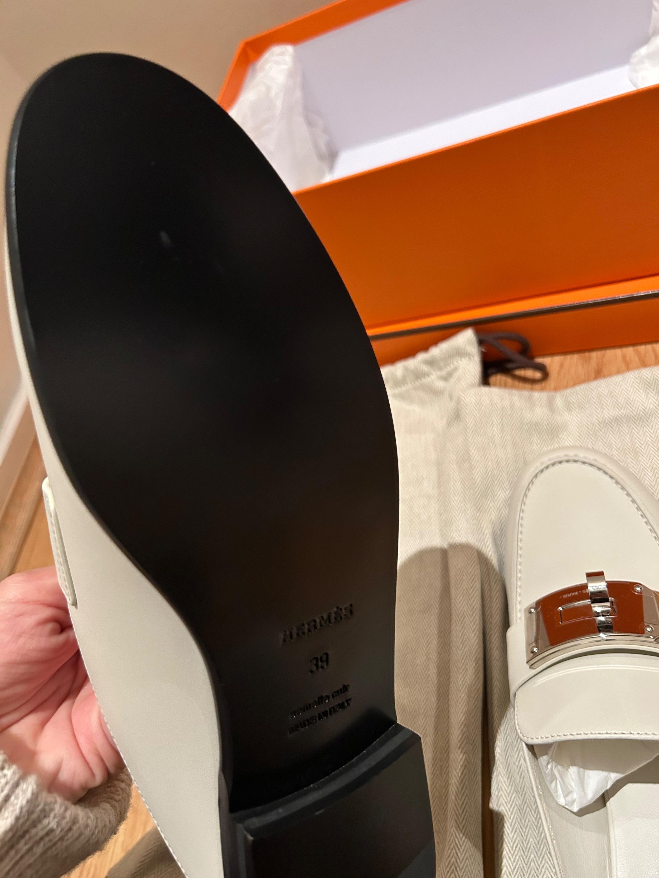 Hermes White Kelly Buckle Mules