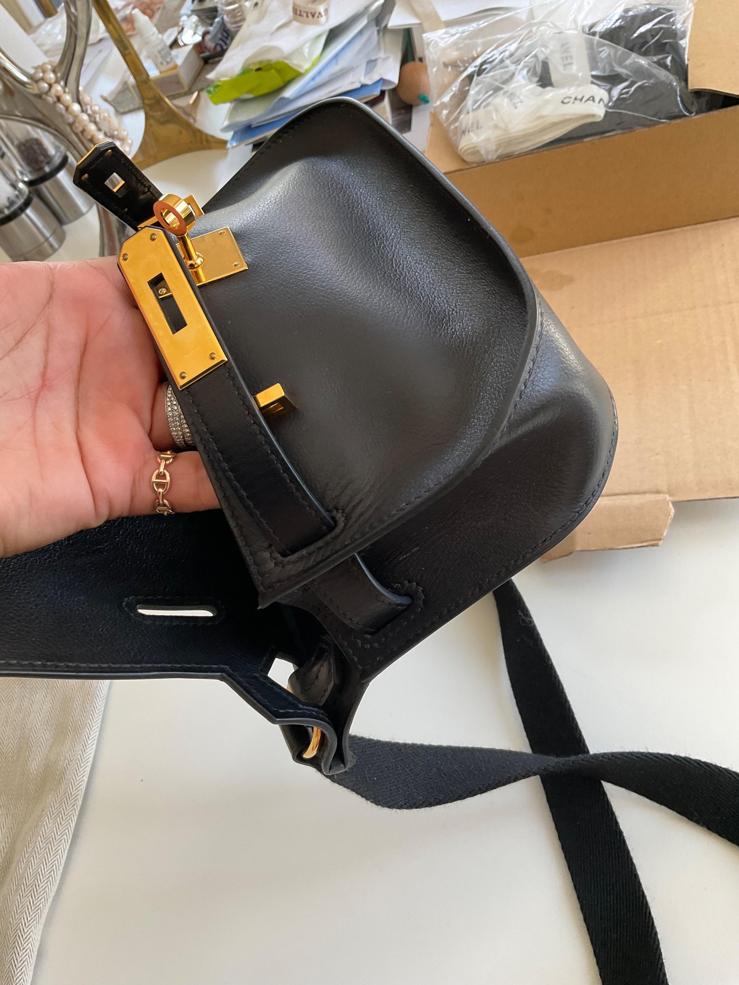 Hermes Black Evergrain  Leather Mini Jypsiere with Gold Hardware