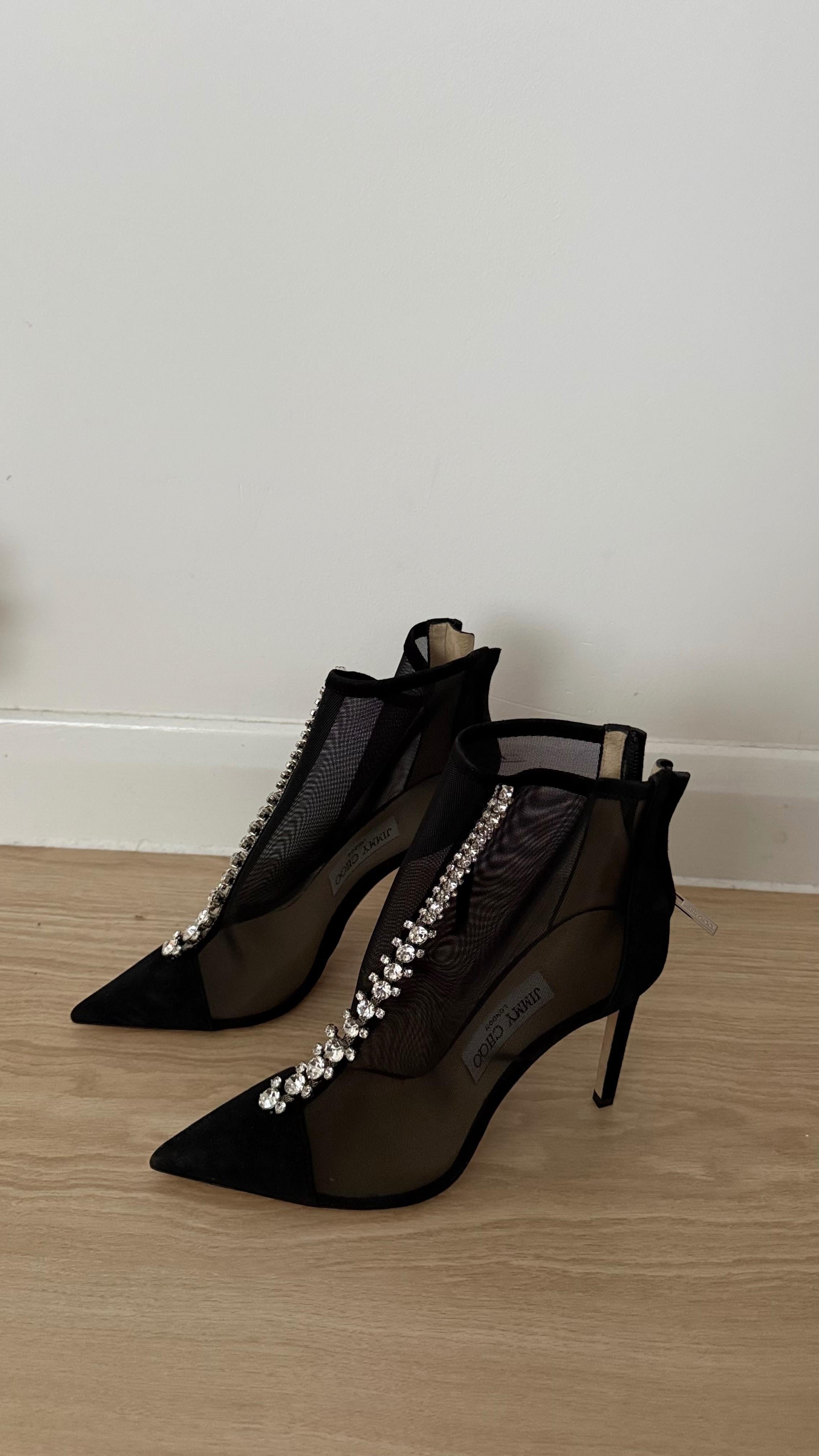 Jimmy Choo Black Mesh Kix 100 Crystal Ankle Boots