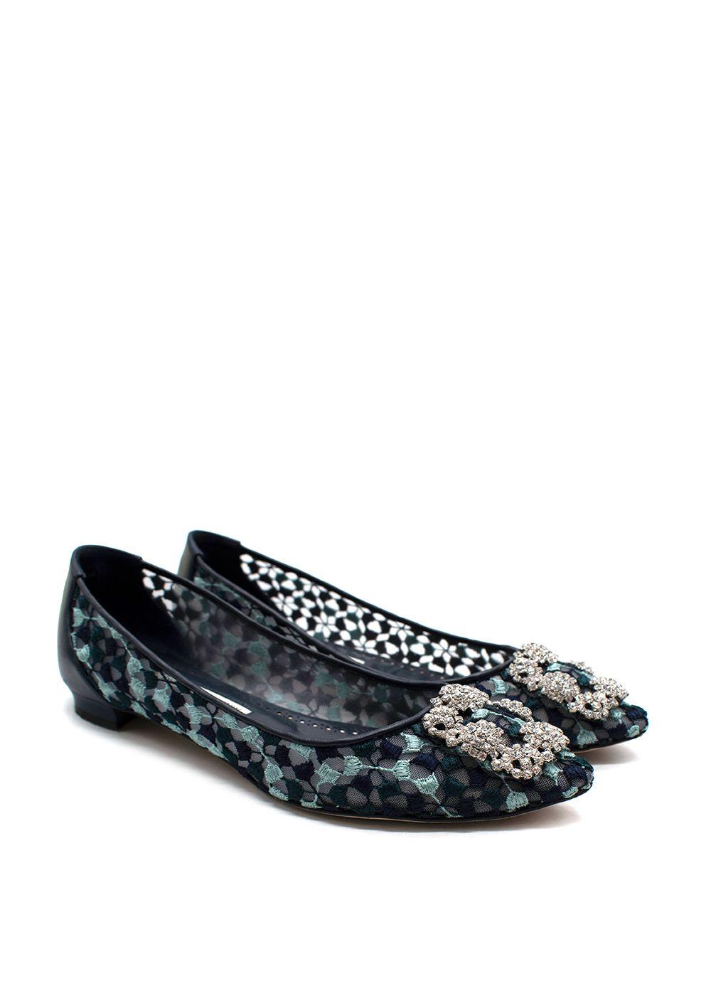 Manolo Blahnik Navy Lace Jewel Buckle Flat Pumps
