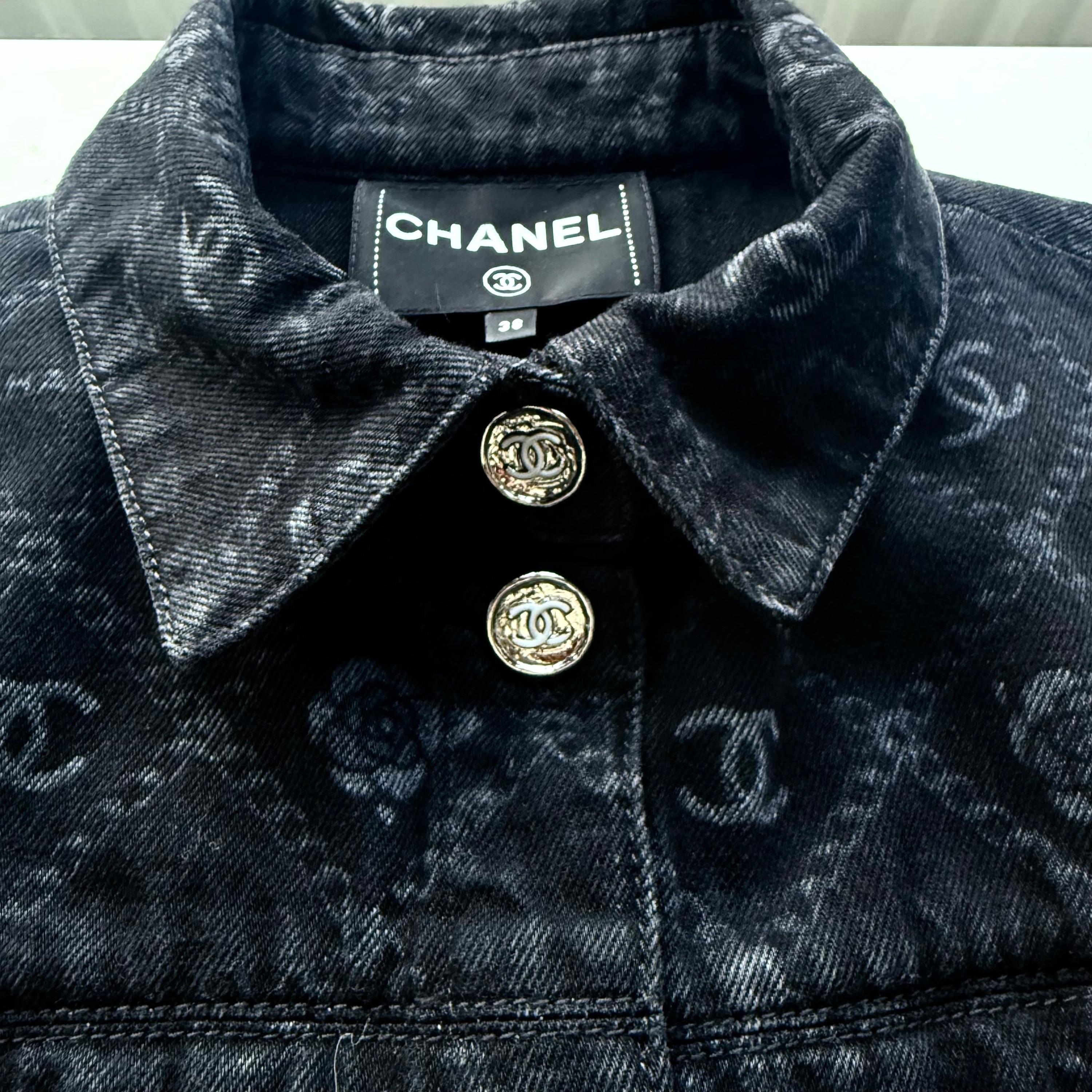 Chanel Black Camelia Denim Button Front Jacket