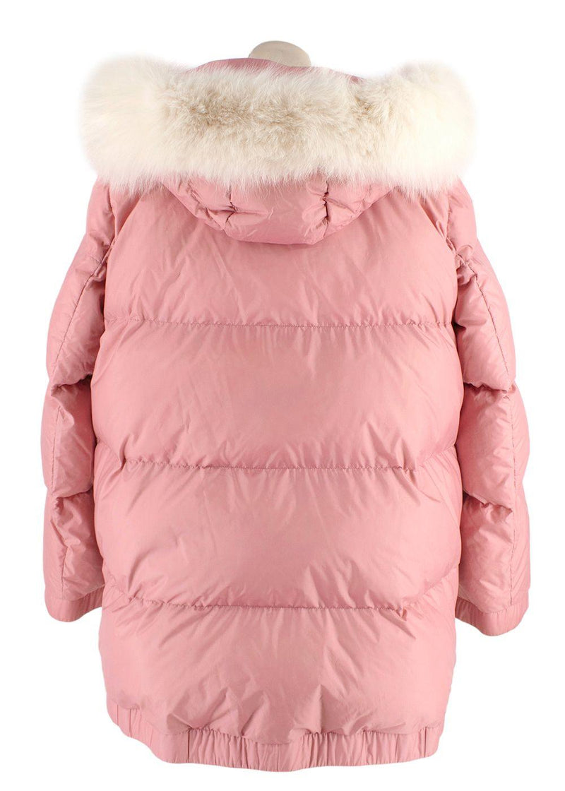 Yves Salomon Army Pink Puffer Jacket with White Fur Trim