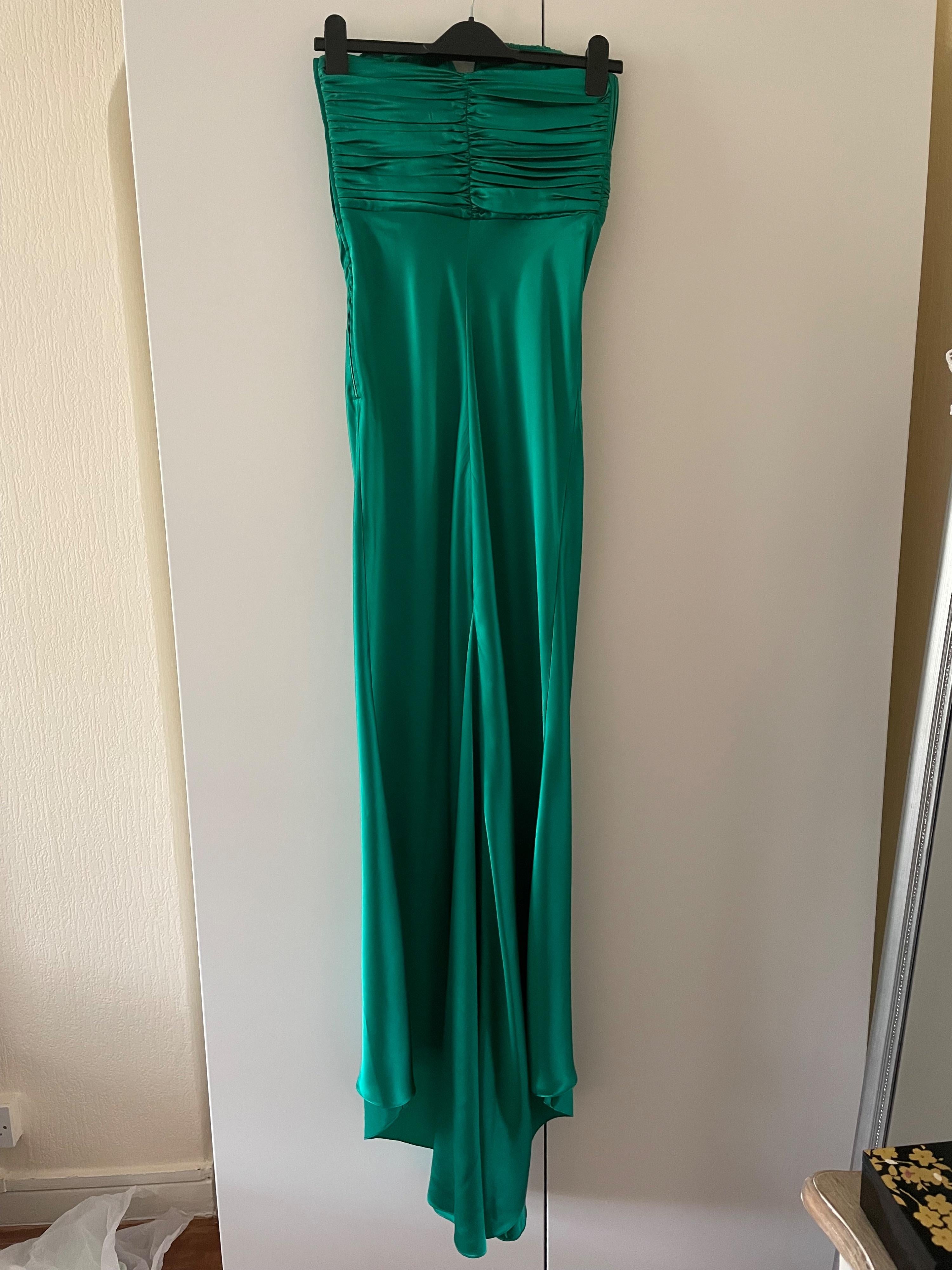Alessandra Rich Green Ruched Strapless Silk Charmeuse Gown