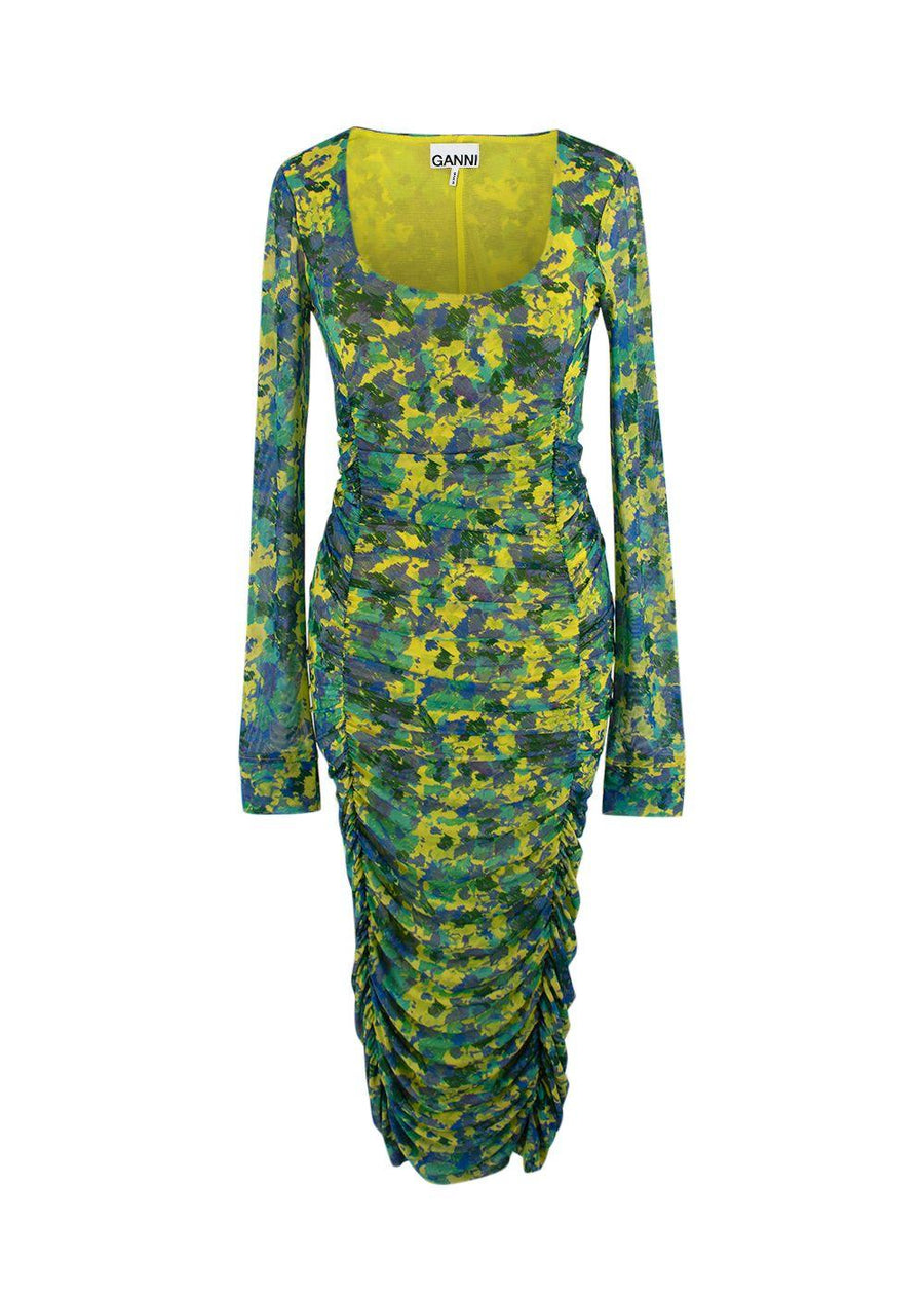 Ganni Multicoloured Rushed Mesh Midi Dress