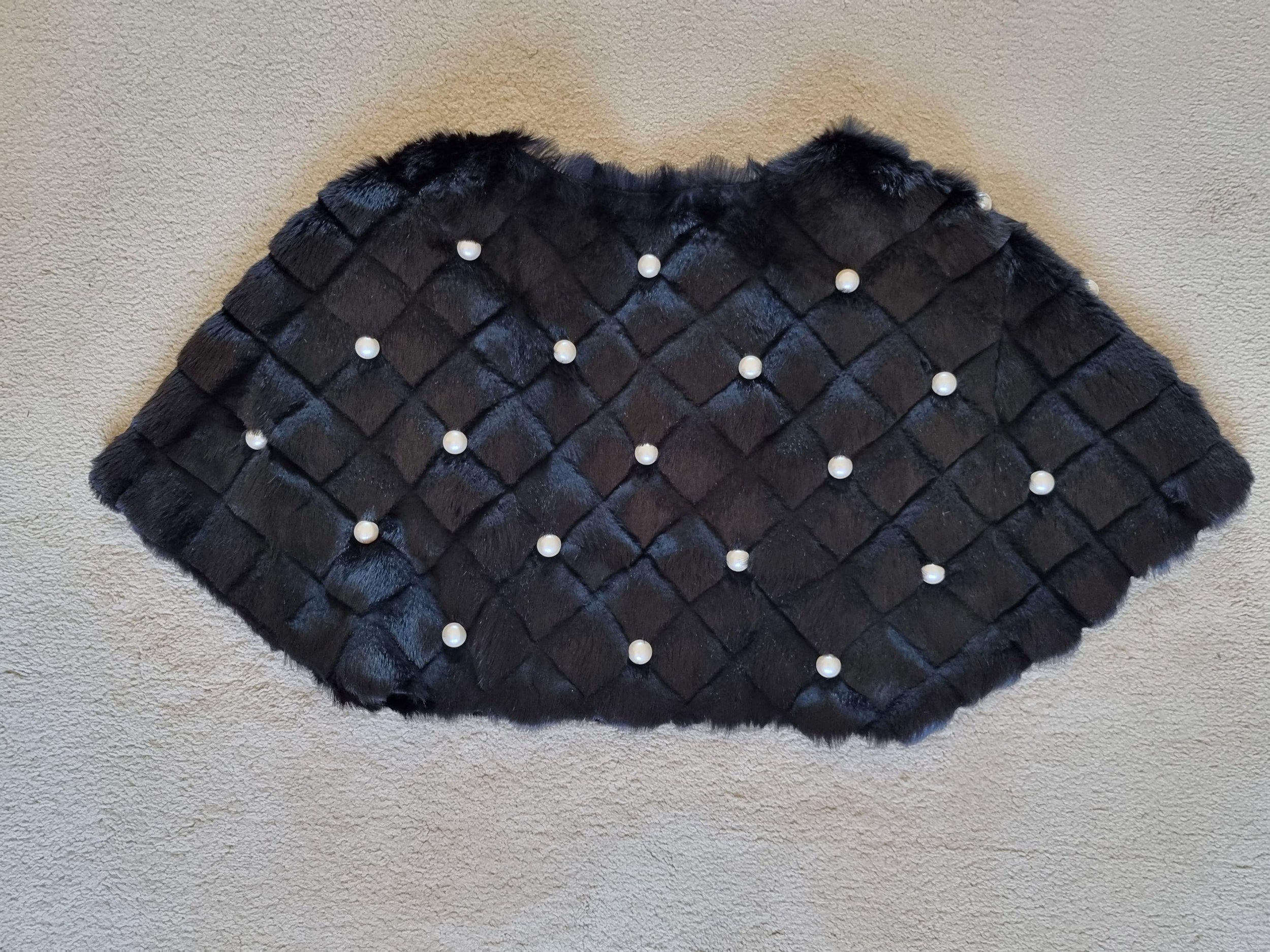 Faux Pearl Studded Black Rabbit Fur Cape