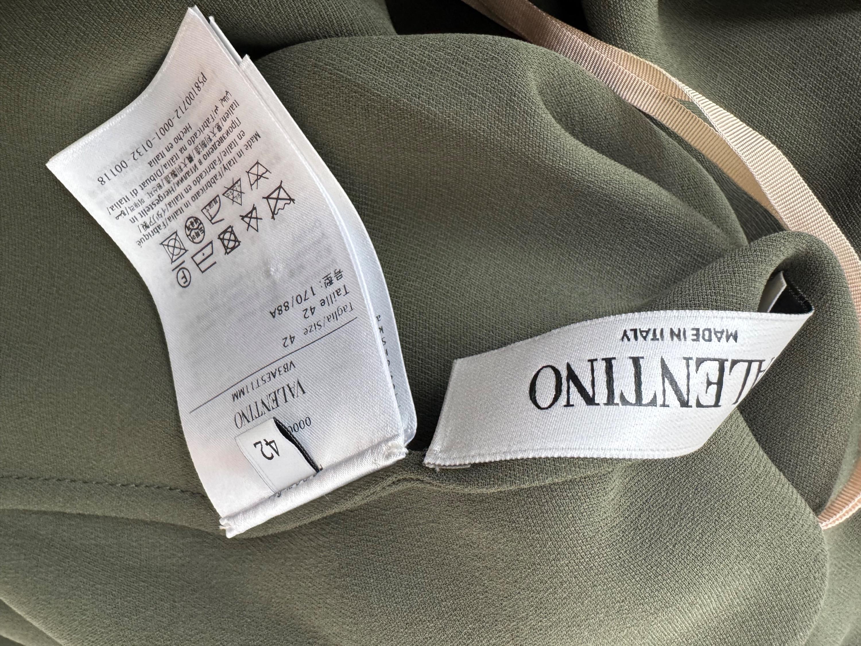 Valentino Khaki Silk Blouse with Feather Trim