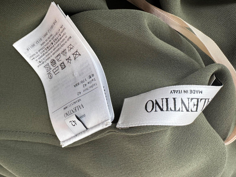 Valentino Khaki Silk Blouse with Feather Trim