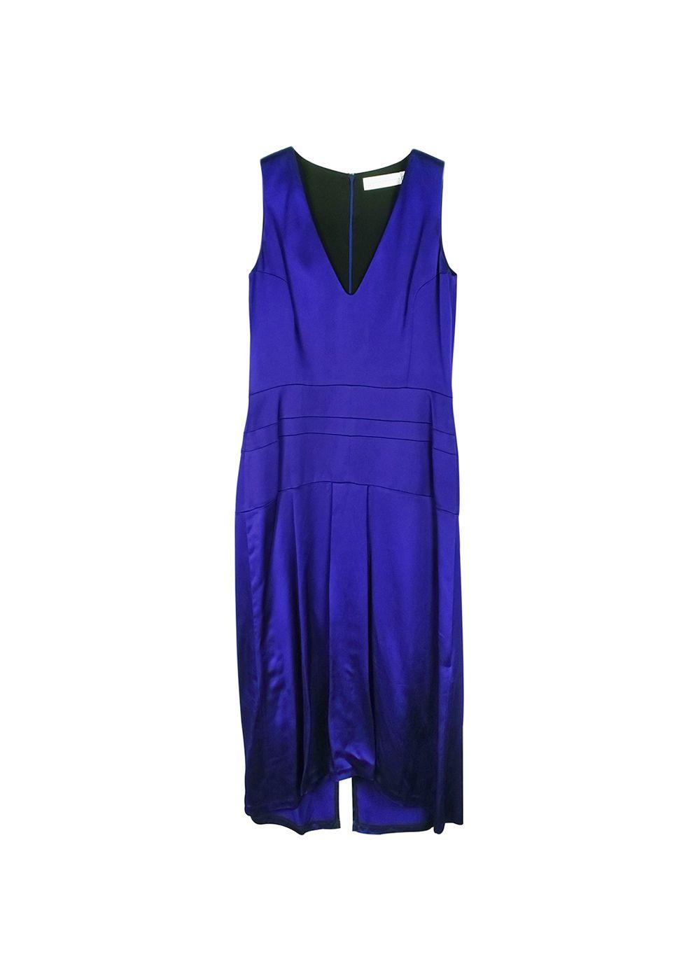 Blue V-Neck Satin Sleeveless Midi Dress