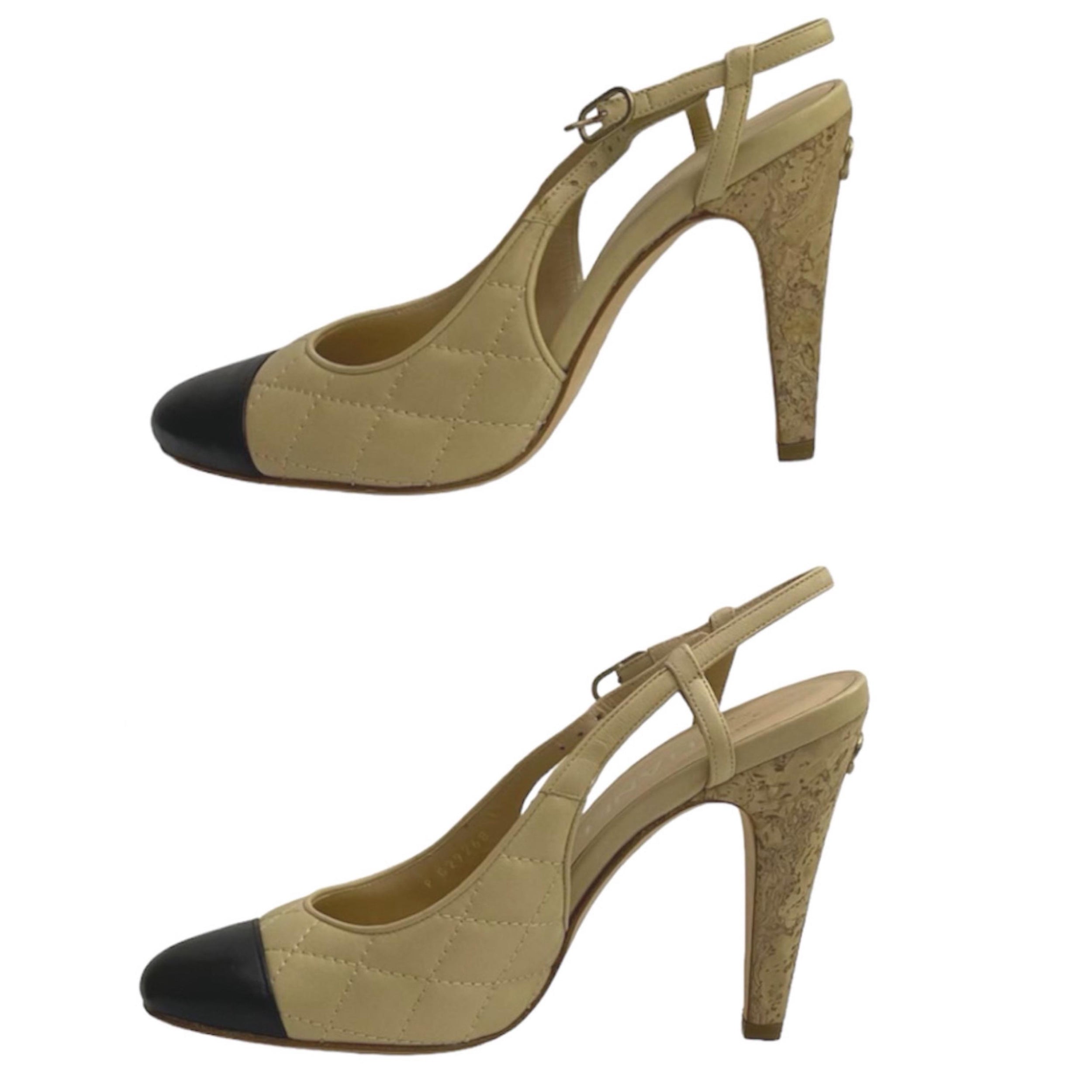 Chanel Beige Lambskin Cork Slingback Heels