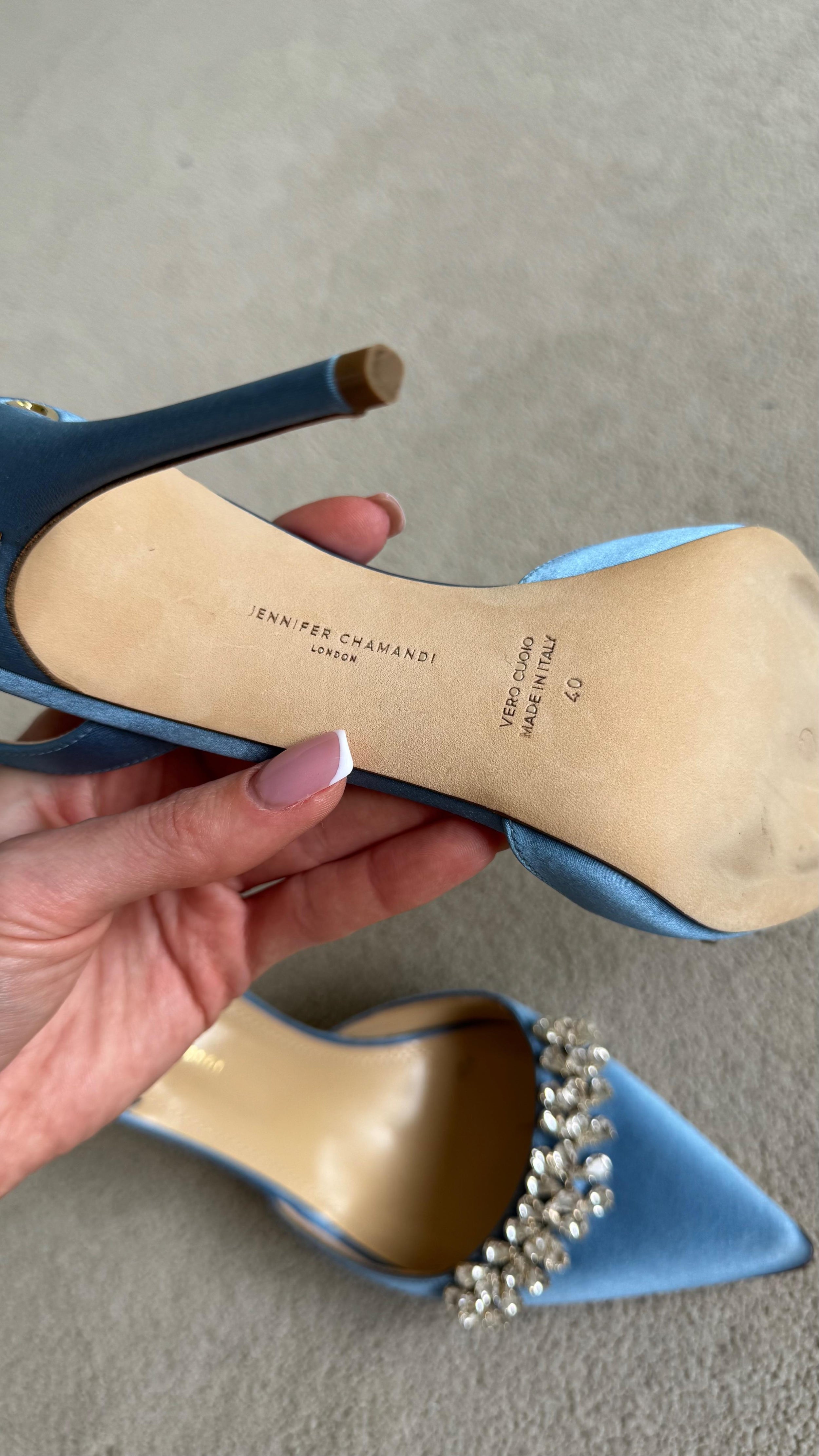 Jennifer Chamandi Embellished Light Blue Satin Slingback Sandals