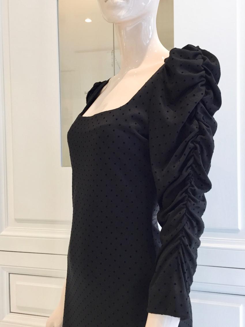 French Couture Black Jersey & Velvet Dot Square Neck Dress