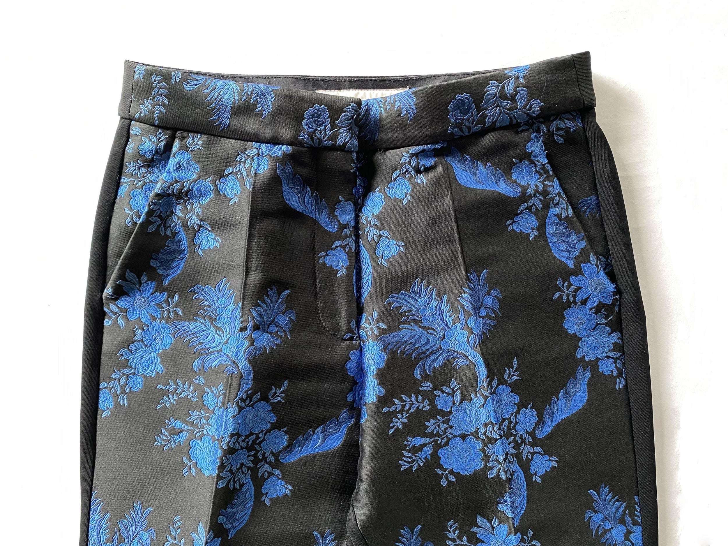 blue & black floral brocade trousers