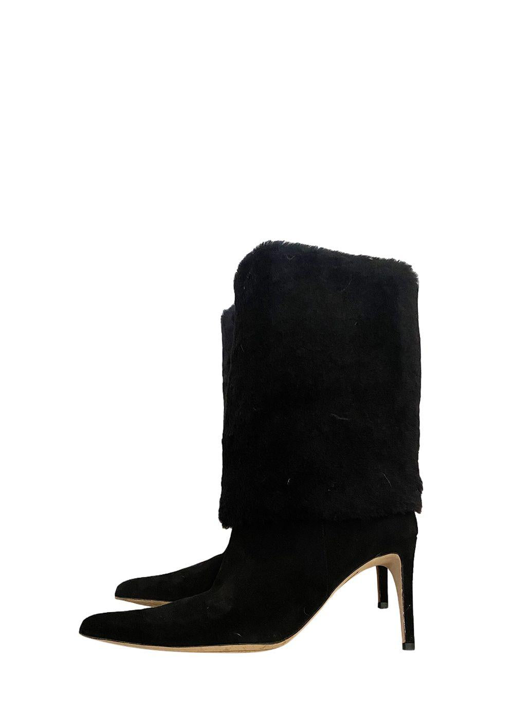 Black Shearling Cuff Heeled Long Boots