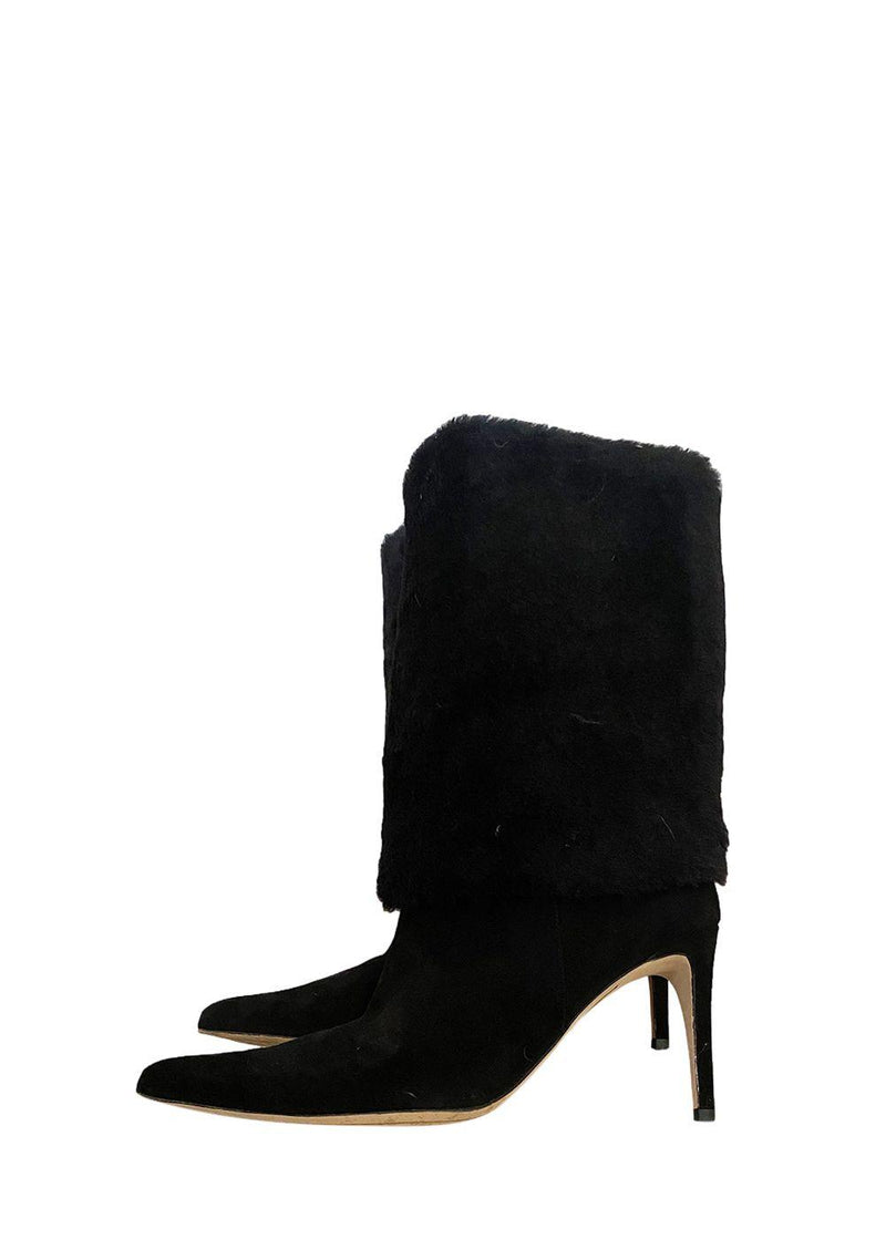 Black Shearling Cuff Heeled Long Boots