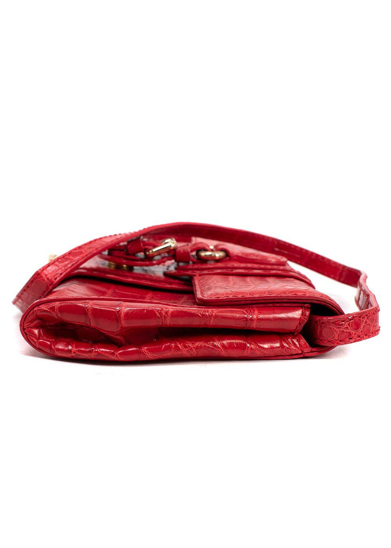 Giorgio Armani Red Crocodile Embossed Buckle Shoulder Bag