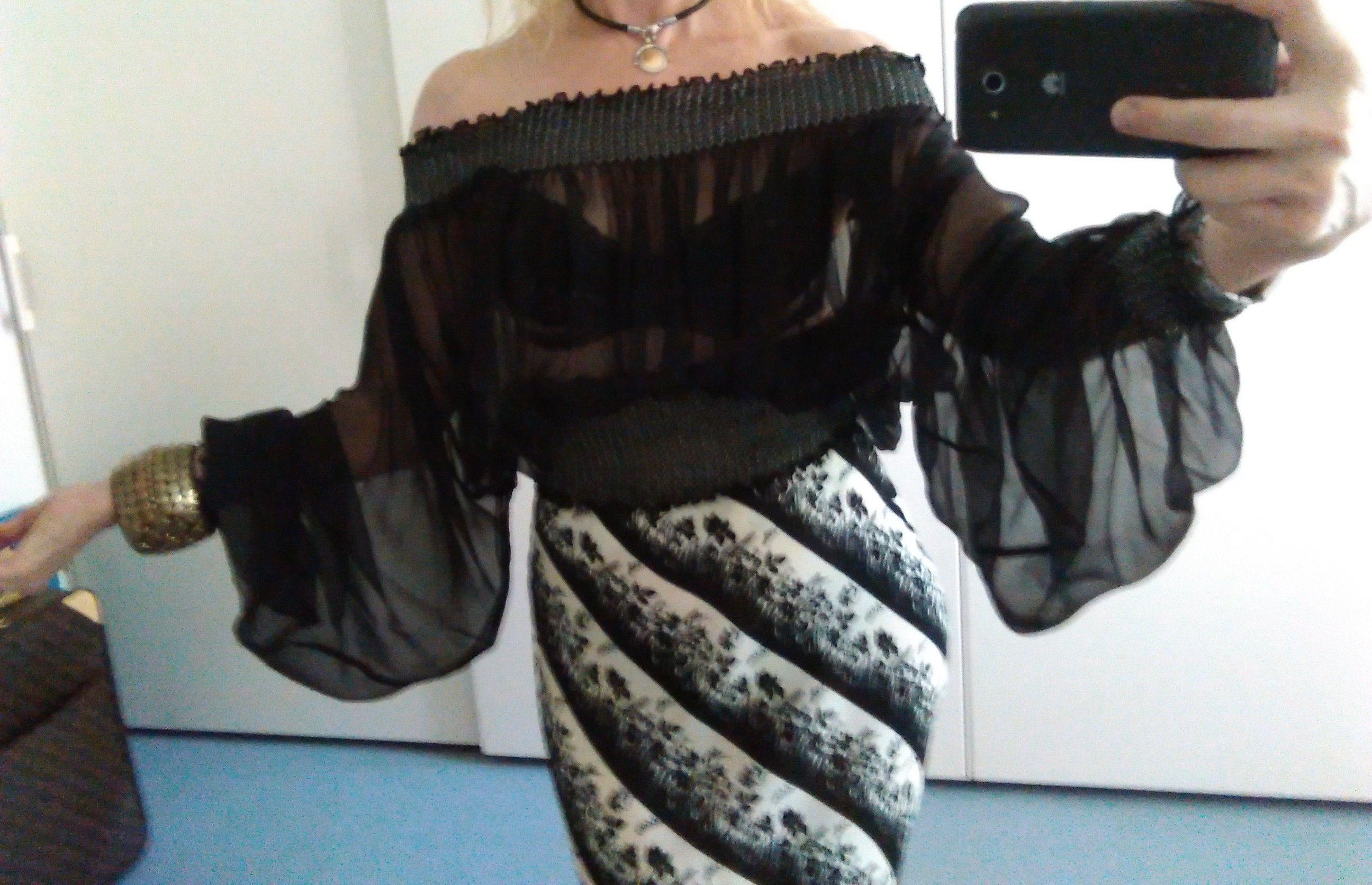 Black Silk Chiffon Off-Shoulder Top
