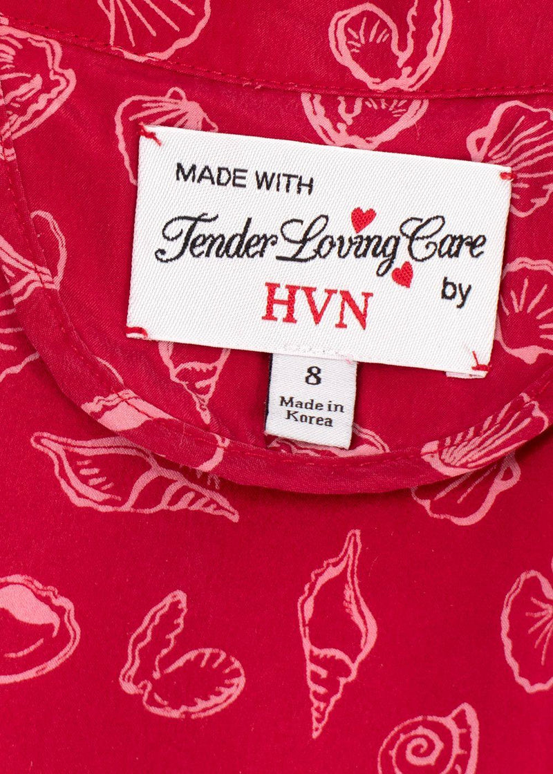 HVN Red Shell Print Silk Shirt Dress