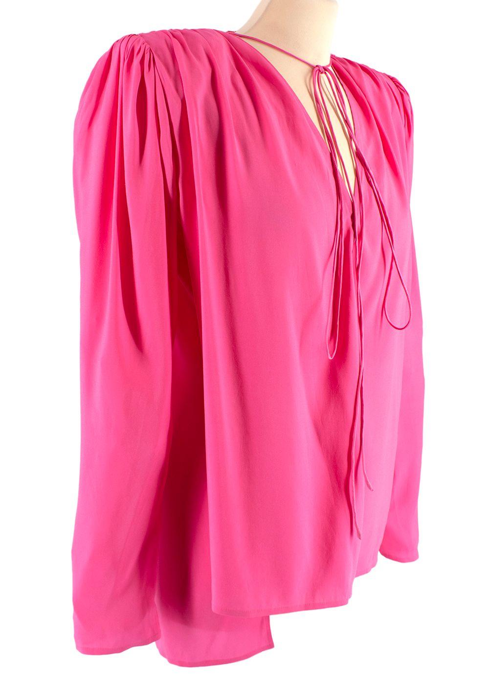Shoulder Pad Pink Silk Tie Neck Blouse