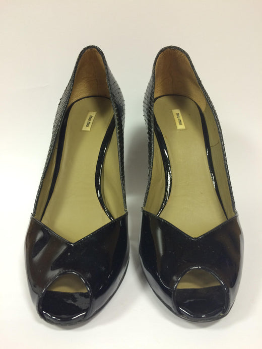 MIU MIU Black Python and Patent Leather Pumps with Swarovski Heels