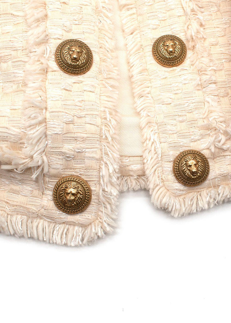 Balmain Cream Woven Open Front Jacket with Gold Button Detail